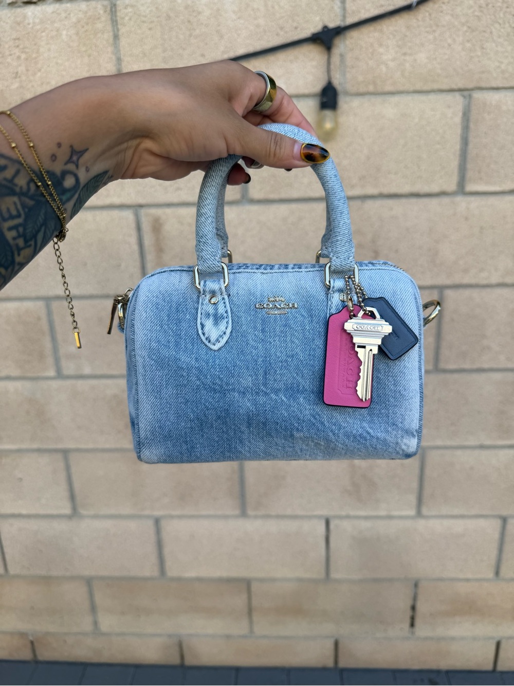 Coach Light Blue Denim Mini Satchel with Pink & Navy Tags